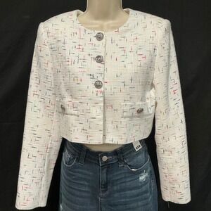 Karl Lagerfeld Paris Cropped Tweed Jacket 4 White Multi Confetti Logo Button
